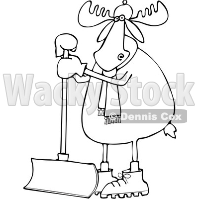Clipart of a Cartoon Black and White Moose Wearing a Hat and Scarf and Standing with a Snow Shovel - Royalty Free Vector Illustration © djart #1360933
