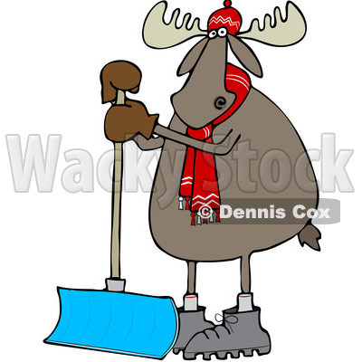 Clipart of a Cartoon Moose Wearing a Hat and Scarf and Standing with a Snow Shovel - Royalty Free Vector Illustration © djart #1360934