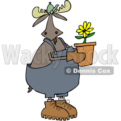 Clipart of a Cartoon Moose Gardener Holding a Potted Flower - Royalty Free Vector Illustration © djart #1361440