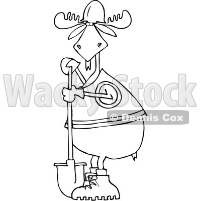 Clipart of a Cartoon Black and White Lineart Moose Contractor Holding a Shovel and Wearing a Safety Vest - Royalty Free Vector Illustration © djart #1361451