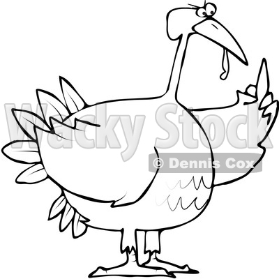 Clipart of a Cartoon Black and White Angry Chubby Thanksgiving Turkey Bird Holding up a Middle Finger - Royalty Free Vector Illustration © djart #1361477