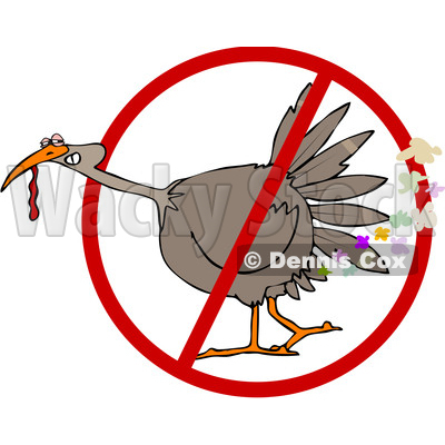 Clipart of a Cartoon Brown Thanksgiving Turkey Bird Farting in a Restricted Symbol - Royalty Free Vector Illustration © djart #1361507