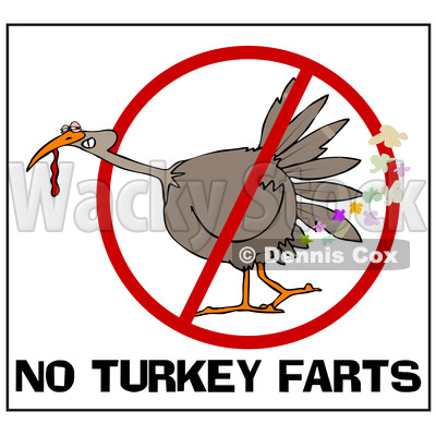 Clipart of a Cartoon Brown Thanksgiving Turkey Bird Farting in a Restricted Symbol over No Turkey Farts Text - Royalty Free Vector Illustration © djart #1361508