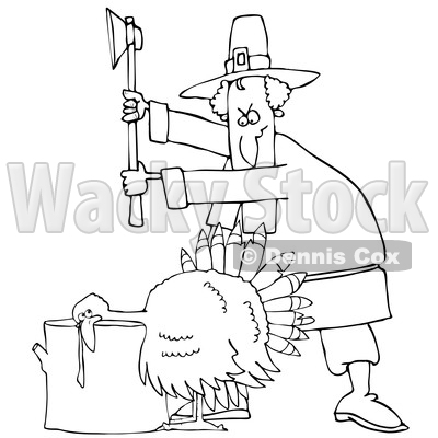 Clipart of a Cartoon Black and White Pilgrim Ready to Chop the Head off of a Thanksgiving Turkey Bird Laying His Head on a Chopping Block - Royalty Free Vector Illustration © djart #1361510