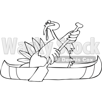 Clipart of a Cartoon Black and White Thanksgiving Turkey Bird Canoeing - Royalty Free Vector Illustration © djart #1361512