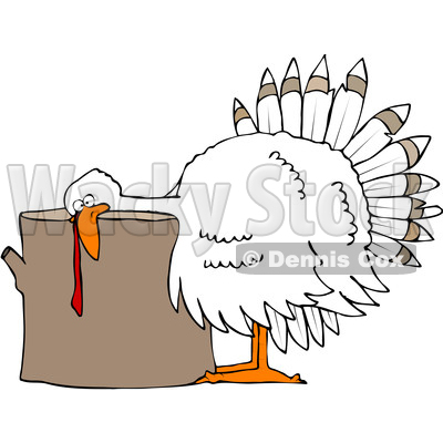 Clipart of a Cartoon White Thanksgiving Turkey Bird Laying His Head on a Chopping Block - Royalty Free Vector Illustration © djart #1361513