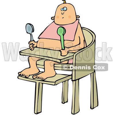 Clipart of a Cartoon Caucasian Baby Sitting in a High Chair and Holding Spoons - Royalty Free Vector Illustration © djart #1361684