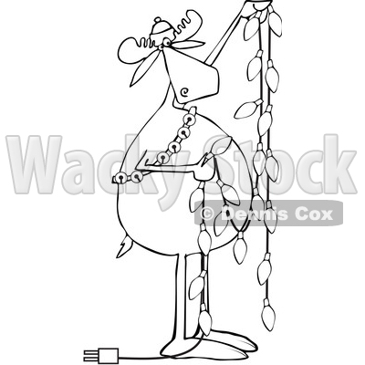 Clipart of a Cartoon Black and White Festive Moose Hanging Christmas Lights - Royalty Free Vector Illustration © djart #1362420