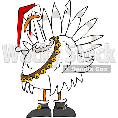 Clipart of a Cartoon White Christmas Turkey Bird Wearing a Santa Hat and Bell Sash - Royalty Free Vector Illustration © djart #1362426