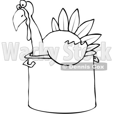 Clipart of a Cartoon Black and White Thanksgiving Turkey Bird Sitting in a Pot - Royalty Free Vector Illustration © djart #1362429