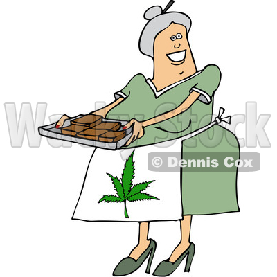Clipart of a Cartoon Happy Chubby White Senior Woman Holding a Tray of Fresly Baked Marijuana Brownies and Wearing a Pot Leaf Apron - Royalty Free Vector Illustration © djart #1363044