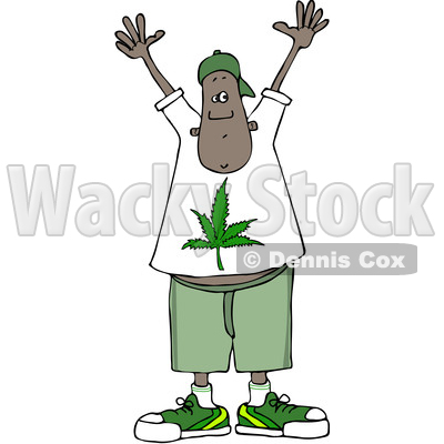 Clipart of a Cartoon Black Man Wearing a Pot Leaf Shirt and Holding His Hands up - Royalty Free Vector Illustration © djart #1363743