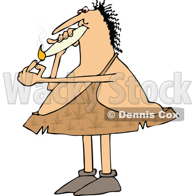 Clipart of a Cartoon Chubby Caveman Wearing Pot Leaf Patterned Leather and Smoking a Joint - Royalty Free Vector Illustration © djart #1363746