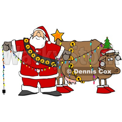 Clipart of a Cartoon Festive Christmas Santa Claus Decorating a Cow - Royalty Free Illustration © djart #1365760