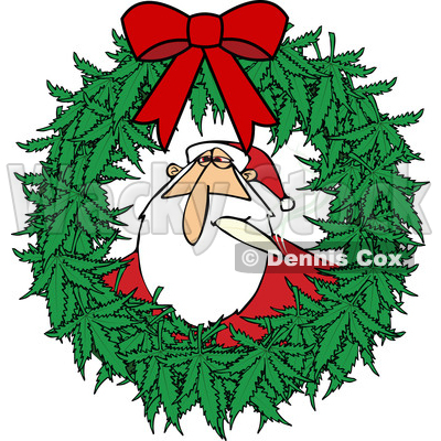 Clipart of a Cartoon Stoned Christmas Santa Claus Smoking a Joint Inside a Marijuana Pot Leaf Weed Christmas Wreath with a Red Bow - Royalty Free Vector Illustration © djart #1365763