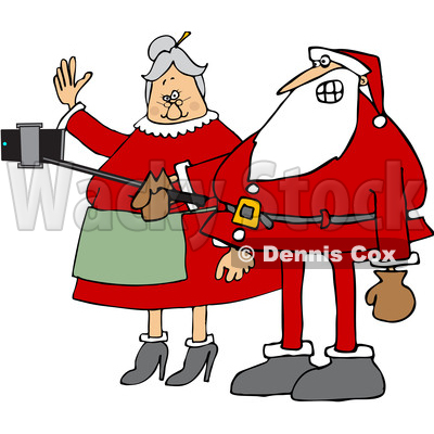 Clipart of a Cartoon Santa and Mrs Claus Taking a Selfie with a Stick and Smart Phone - Royalty Free Vector Illustration © djart #1370936