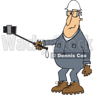 Clipart of a Cartoon White Male Worker in Coveralls, Taking a Selfie with a Phone on a Stick - Royalty Free Vector Illustration © djart #1370937