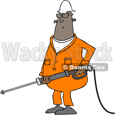 Clipart of a Cartoon Chubby Black Male Worker Pressure Washing - Royalty Free Vector Illustration © djart #1370950