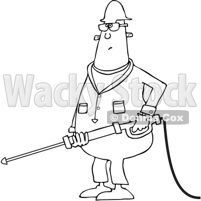Clipart of a Cartoon Black and White Chubby Male Worker Pressure Washing - Royalty Free Vector Illustration © djart #1370951