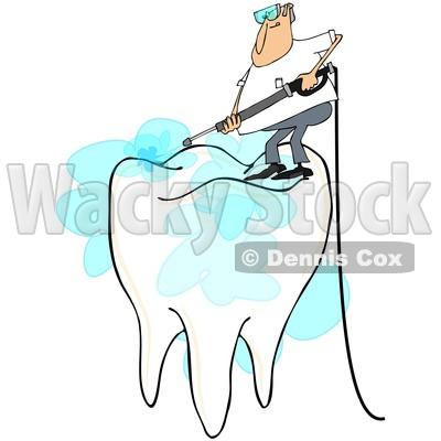 Clipart of a Cartoon White Man Pressure Washing the Top of a Tooth, on a White Background - Royalty Free Illustration © djart #1370954