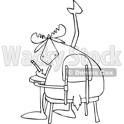 Clipart of a Cartoon Black and White Student Moose with a Question, Raising a Hoof at a Desk - Royalty Free Vector Illustration © djart #1373279