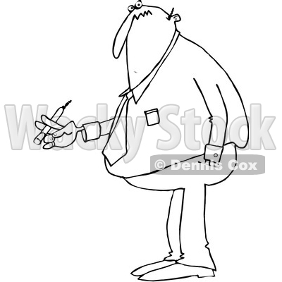 Clipart of a Cartoon Black and White Chubby Business Man Smoking a Cigarette - Royalty Free Vector Illustration © djart #1373285