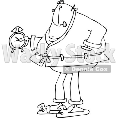 Clipart of a Cartoon Black and White Chubby Grumpy Man Wearing Pajamas and Bunny Slippers and Holding an Alarm Clock - Royalty Free Vector Illustration © djart #1373295
