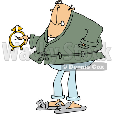 Clipart of a Cartoon Chubby Grumpy White Man Wearing Pajamas and Bunny Slippers and Holding an Alarm Clock - Royalty Free Vector Illustration © djart #1373296