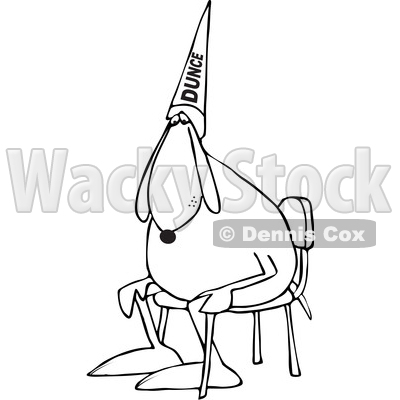Clipart of a Cartoon Black and White Dog Wearing a Dunce Hat and Sitting in a Chair - Royalty Free Vector Illustration © djart #1373297