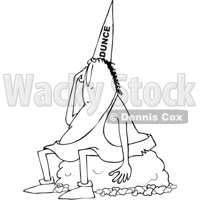 Cartoon Clipart of a Black and White Dumb Caveman Wearing a Dunce Hat and Sitting on a Boulder - Royalty Free Vector Illustration © djart #1373902
