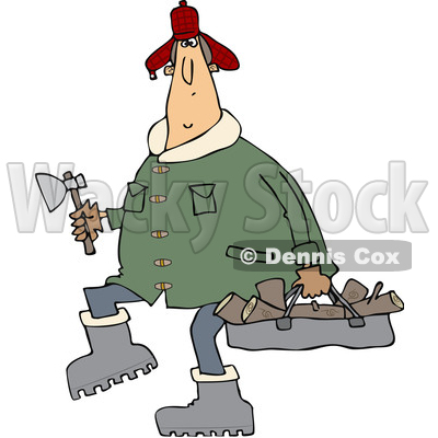 Cartoon Clipart of a Chubby White Man in a Winter Coat and Hat, Walking and Carrying Firewood and an Axe - Royalty Free Vector Illustration © djart #1373903