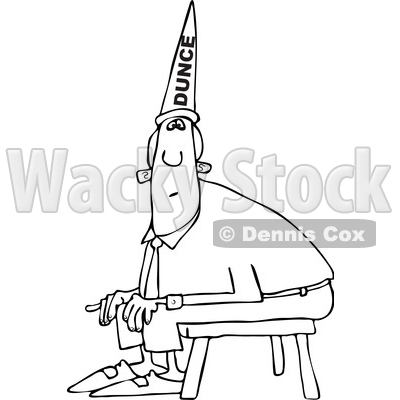 Cartoon Clipart of a Black and White Chubby Business Man Wearing a Dunce Hat and Sitting on a Stool - Royalty Free Vector Illustration © djart #1373910