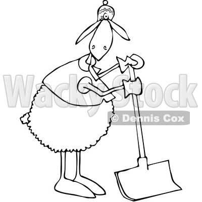 Cartoon Clipart of a Black and White Sheep Wearing Winter Apparel, Standing and Using a Snow Shovel - Royalty Free Vector Illustration © djart #1375140