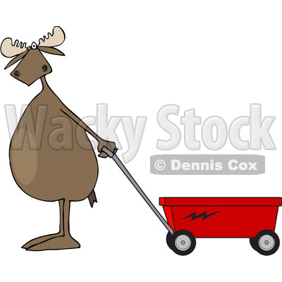 Cartoon Clipart of a Moose Standing Upright and Pulling a Wagon - Royalty Free Vector Illustration © djart #1375295