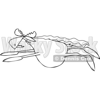 Clipart of a Cartoon Black and White Super Hero Moose Flying with a Cape - Royalty Free Vector Illustration © djart #1376372