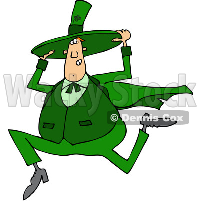 Clipart of a Cartoon Chubby St Patricks Day Leprechaun Holding His Hat and Running - Royalty Free Vector Illustration © djart #1381476