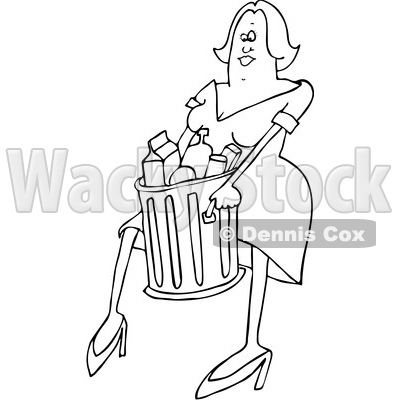 Clipart of a Cartoon Black and White Woman Carrying a Trash Can - Royalty Free Vector Illustration © djart #1381482