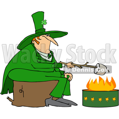 Clipart of a Chubby St Patricks Day Leprechaun Sitting on a Stump and Roasting a Marshmallow over a Fire Pit - Royalty Free Vector Illustration © djart #1382269