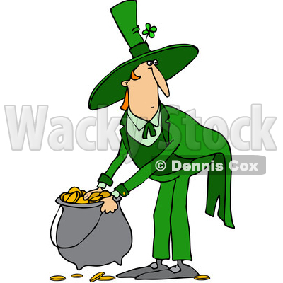 Clipart of a Cartoon St Patricks Day Leprechaun Picking up a Pot of Gold - Royalty Free Vector Illustration © djart #1383593