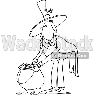 Clipart of a Cartoon Black and White St Patricks Day Leprechaun Picking up a Pot of Gold - Royalty Free Vector Illustration © djart #1383594