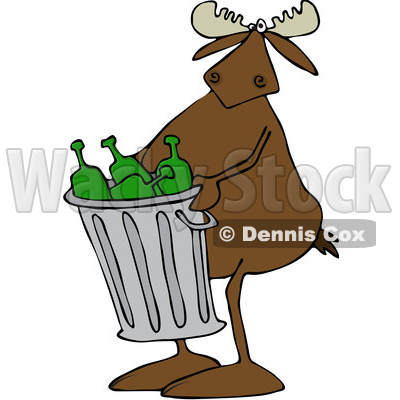 Clipart of a Cartoon Moose Carrying a Garbage Can Full of Bottles - Royalty Free Vector Illustration © djart #1384316