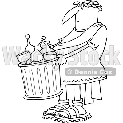 Clipart of a Cartoon Black and White Lineart Roman Man Carrying a Garbage Can Full of Bottles and Wine Glasses - Royalty Free Vector Illustration © djart #1384318