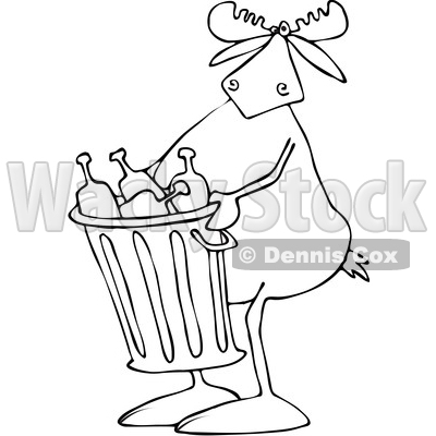 Clipart of a Cartoon Black and White Lineart Moose Carrying a Garbage Can Full of Bottles - Royalty Free Vector Illustration © djart #1384319