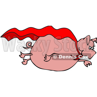 Clipart of a Cartoon Pink Pig Super Hero Flying with a Cape - Royalty Free Vector Illustration © djart #1389336