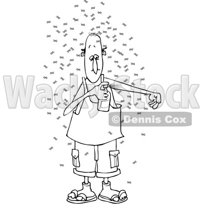 Clipart of a Cartoon Black and White Lineart Man Putting on Bug Repellant Spray - Royalty Free Vector Illustration © djart #1389408