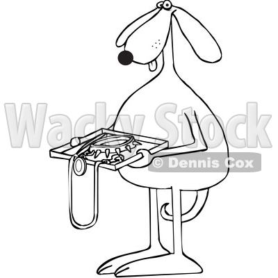 Toon Clipart of a Black and White Lineart Dog Holding a Tsa Tray of Accessories - Royalty Free Vector Illustration © djart #1392132