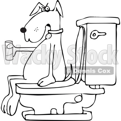 Clipart of a Cartoon Black and White Lineart Dog out of Tp, Sitting on a Toilet - Royalty Free Vector Illustration © djart #1392212