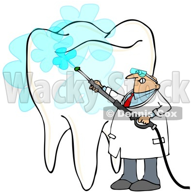 Clipart of a Cartoon Chubby Caucasian Male Dentist Power Washing a Tooth - Royalty Free Illustration © djart #1394148