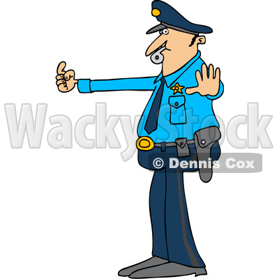 Clipart of a Cartoon Caucasian Male Police Officer Blowing a Whistle and Directing Traffic - Royalty Free Vector Illustration © djart #1397416