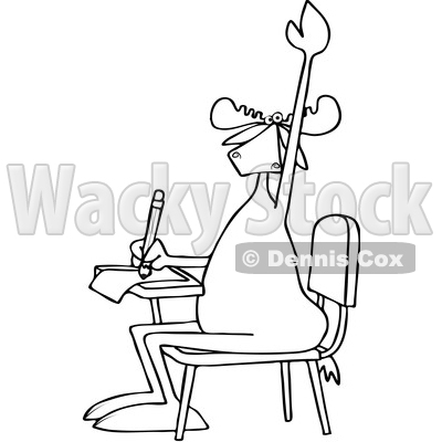 Clipart of a Cartoon Black and White Lineart Moose Student Raising His Hand at a School Desk - Royalty Free Vector Illustration © djart #1400835